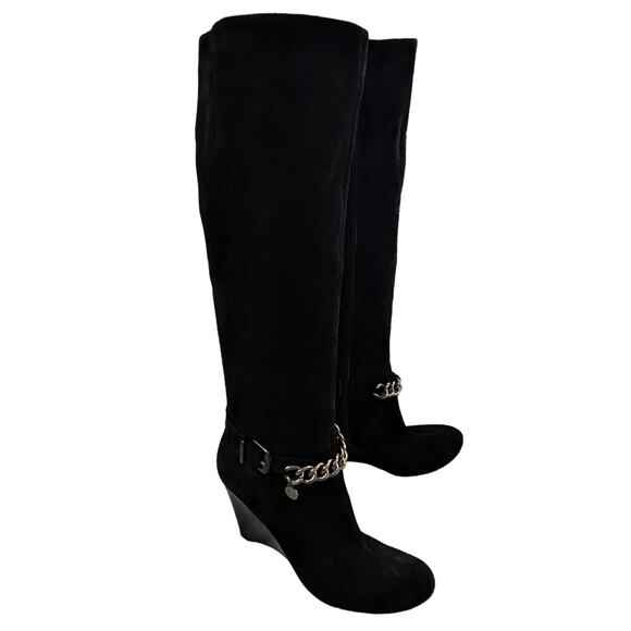 BCBGENERATION! MERRY BLACK SUEDE LEATHER WEDGE HEELS CHAINED BOOTS! SZ 7.5B - Picture 11 of 11